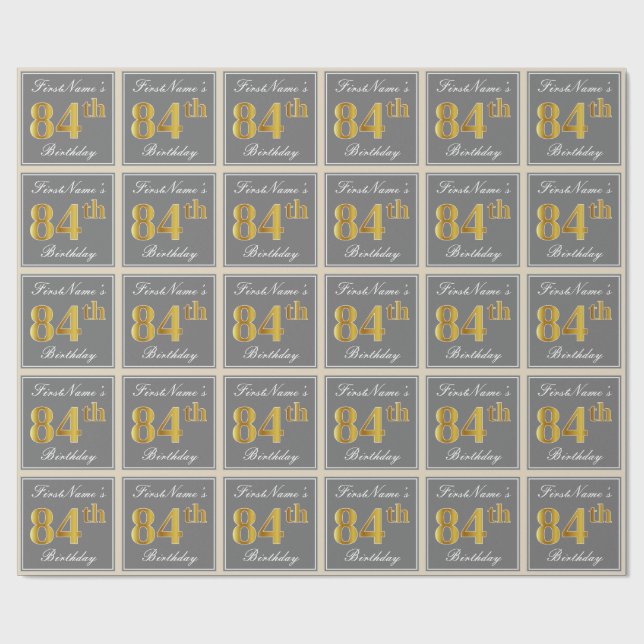 Papel De Regalo Elegante, Gris, Faux Gold 84th Birthday + Nombre (Superficie plana)