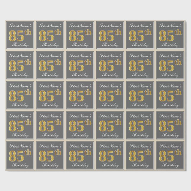 Papel De Regalo Elegante, Gris, Faux Gold 85th Birthday + Nombre (Superficie plana)