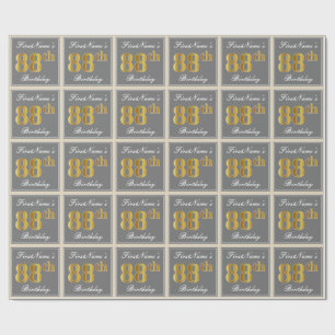 Papel De Regalo Elegante, Gris, Faux Gold 88th Birthday + Nombre