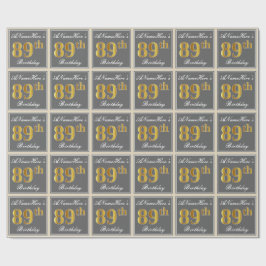 Papel De Regalo Elegante, Gris, Faux Gold 89th Birthday + Nombre
