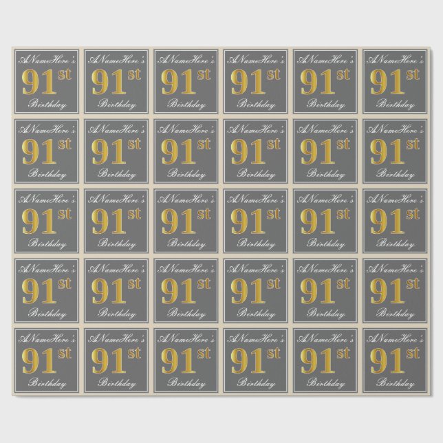 Papel De Regalo Elegante, Gris, Faux Gold 91st Birthday + Nombre (Superficie plana)