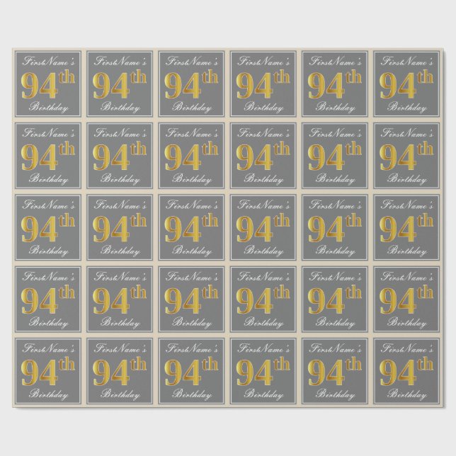 Papel De Regalo Elegante, Gris, Faux Gold 94th Birthday + Nombre (Superficie plana)