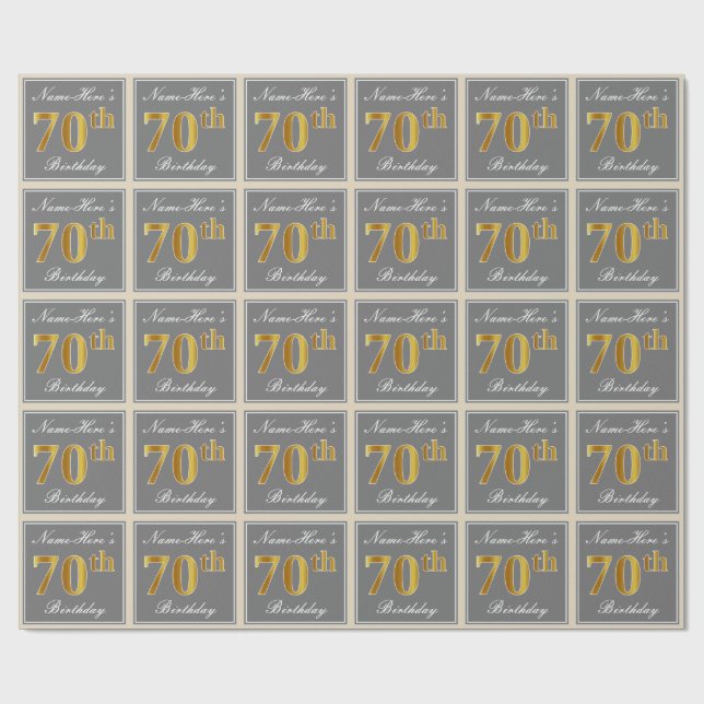 Papel De Regalo Elegante, gris, oro falso 70 cumpleaños + nombre (Superficie plana)