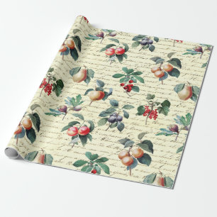 Papel De Regalo Elegante guión beige de fruta de época botánica