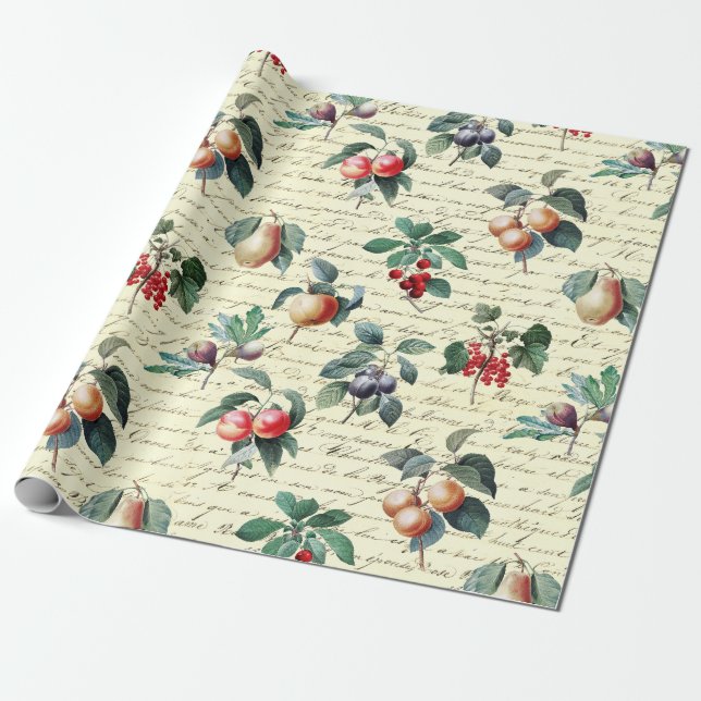 Papel De Regalo Elegante guión beige de fruta de época botánica (Desenrollado)