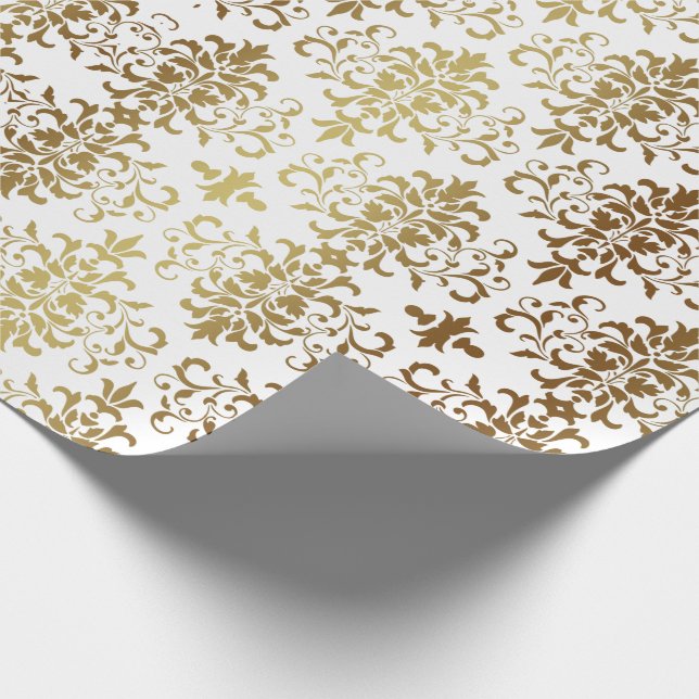 Papel De Regalo Elegante guión blanco de damasco dorado (Esquina)