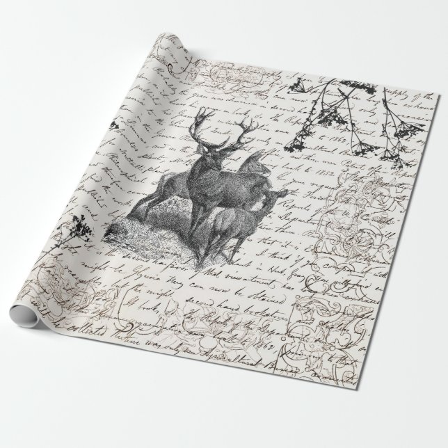 Papel De Regalo Elegante guión de flores silvestres de ciervo blan (Desenrollado)
