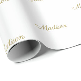 Papel De Regalo Elegante guión personalizado blanco dorado nombre 