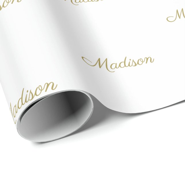 Papel De Regalo Elegante guión personalizado blanco dorado nombre  (Esquina del rollo)