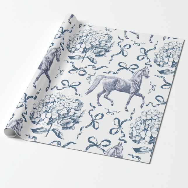 Papel De Regalo Elegante Hípica Hydrangea Bows Dusty Blue Toile (Desenrollado)