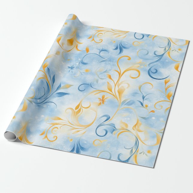 Papel De Regalo Elegante hoja azul y dorada de inspiración paisley (Desenrollado)