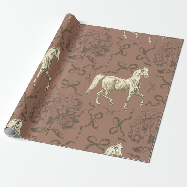 Papel De Regalo Elegante Horse Hydrangea Bows Toile Beige Brown (Desenrollado)