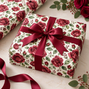 Papel De Regalo Elegante jardín de rosas acuarela borgoña