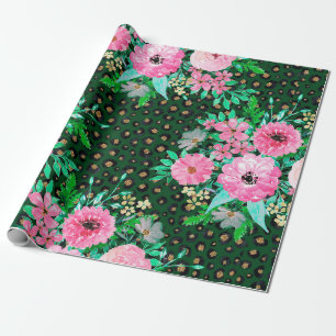 Papel De Regalo Elegante Leopard Print Pink Floral Green Design