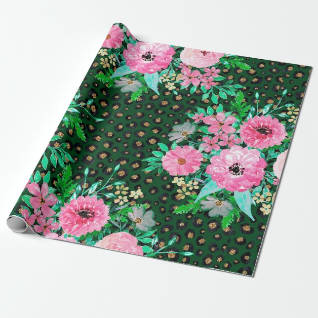 Papel De Regalo Elegante Leopard Print Pink Floral Green Design (Desenrollado)
