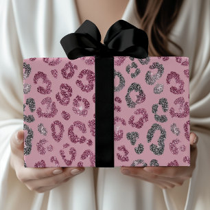 Papel De Regalo Elegante Leopardo de Brillo Rosa y Plata sobre Ros