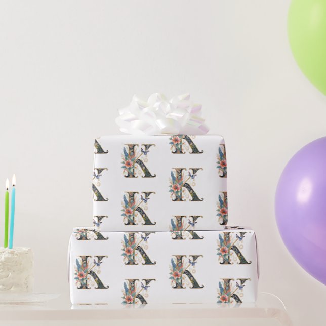 Papel De Regalo Elegante letra bohemia floral K (Regalos de fiesta)