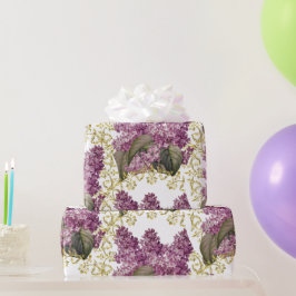 Papel De Regalo Elegante Lilacs con floral filigrana dorada