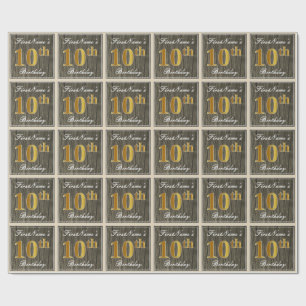 Papel De Regalo Elegante, Madera Falsa, Dorado Falso Cumpleaños 10