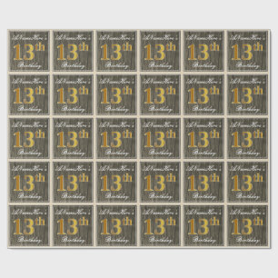 Papel De Regalo Elegante, Madera Falsa, Dorado Falso Cumpleaños 13