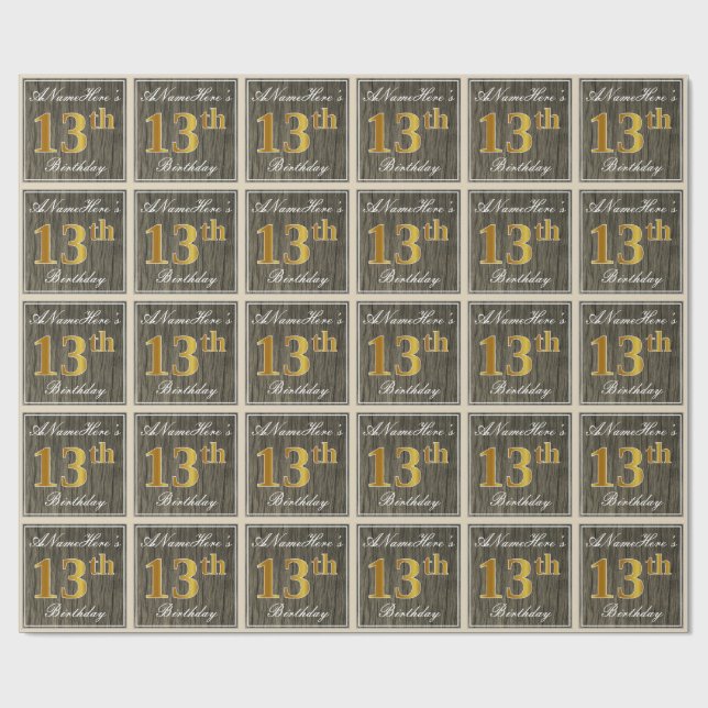 Papel De Regalo Elegante, Madera Falsa, Dorado Falso Cumpleaños 13 (Superficie plana)