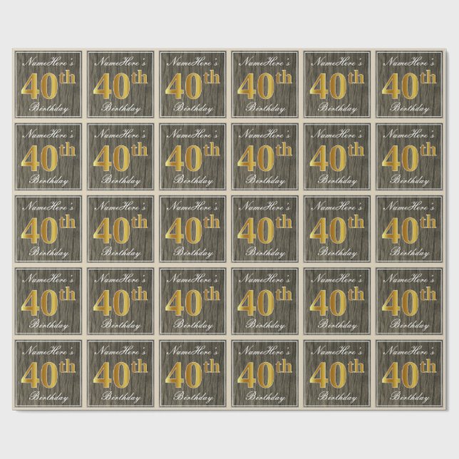 Papel De Regalo Elegante, Madera Falsa, Dorado Falso Cumpleaños 40 (Superficie plana)