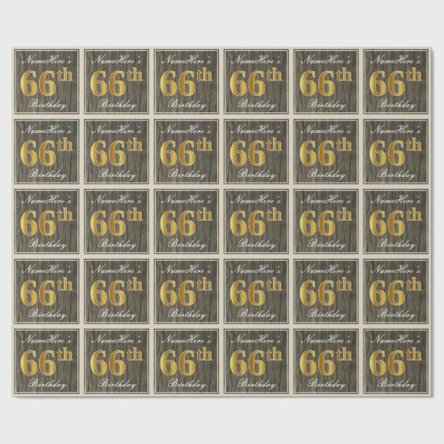 Papel De Regalo Elegante, Madera Falsa, Dorado Falso Cumpleaños 66 (Superficie plana)