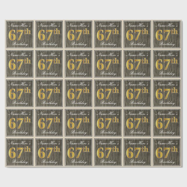 Papel De Regalo Elegante, madera falsa, falso oro Cumpleaños 67 +  (Superficie plana)