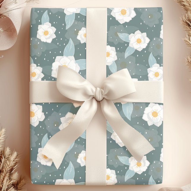 Papel De Regalo Elegante Magnolia Floral White Polka Dot (Subido por el creador)