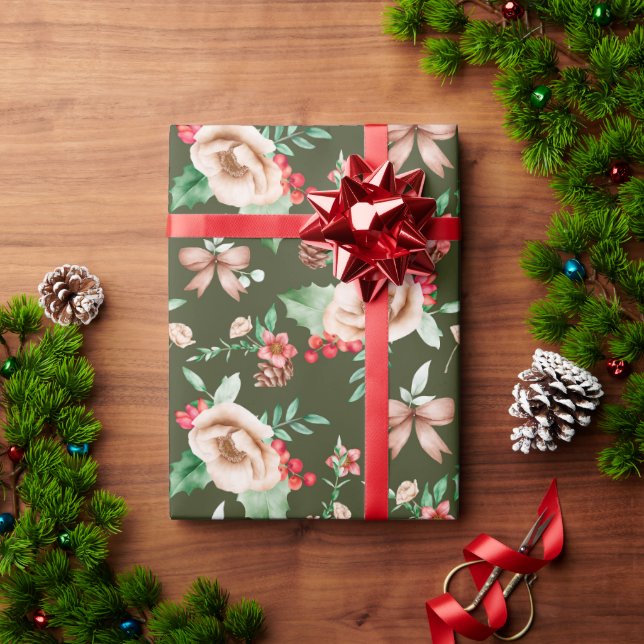 Papel De Regalo Elegante Mano Dibujada Red Green patrón floral (Regalo de vacaciones)