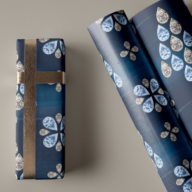 Papel De Regalo Elegante marina azul acuarela joyas árbol de Navid (Elegant Navy Blue Watercolor Jewels Christmas tree Wrapping Paper)
