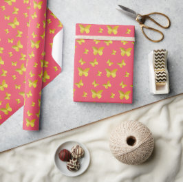 Papel De Regalo Elegante Mariposa Dorada En Rosa