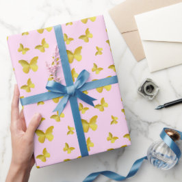 Papel De Regalo Elegante Mariposa Dorada En Rosa