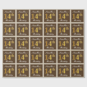 Papel De Regalo Elegante, Marrón, Dorado Falso Cumpleaños 14 + Nom