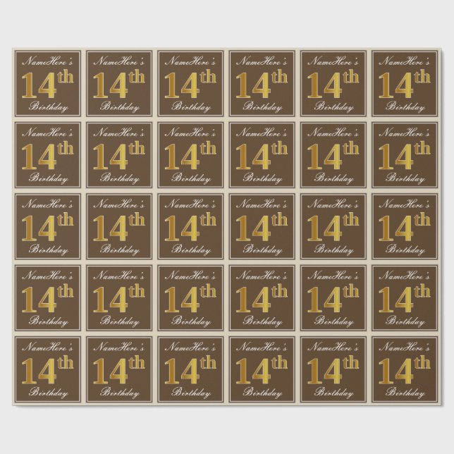 Papel De Regalo Elegante, Marrón, Dorado Falso Cumpleaños 14 + Nom (Superficie plana)