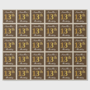 Papel De Regalo Elegante, marrón, falso dorado cumpleaños 13 + nom