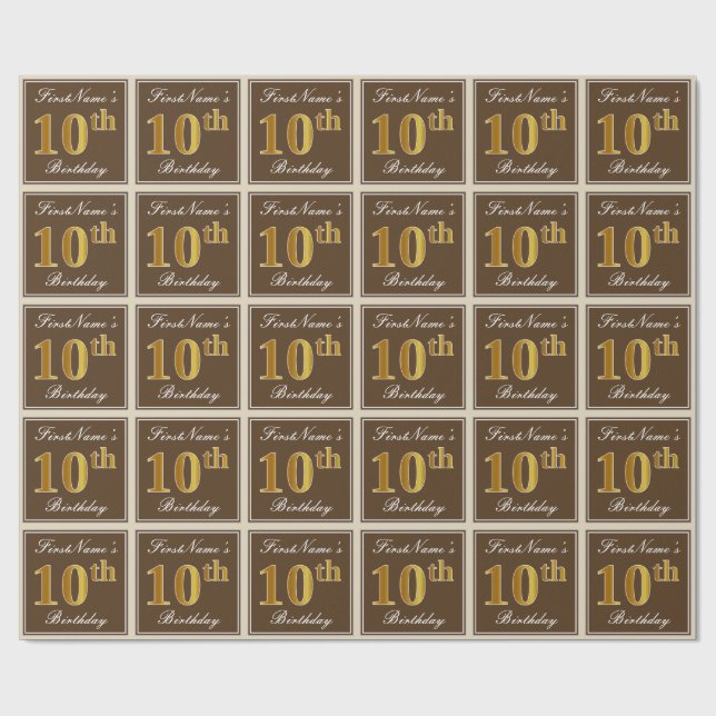 Papel De Regalo Elegante, marrón, falso oro 10 cumpleaños + nombre (Superficie plana)