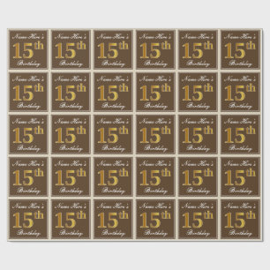 Papel De Regalo Elegante, marrón, falso oro 15 cumpleaños + nombre