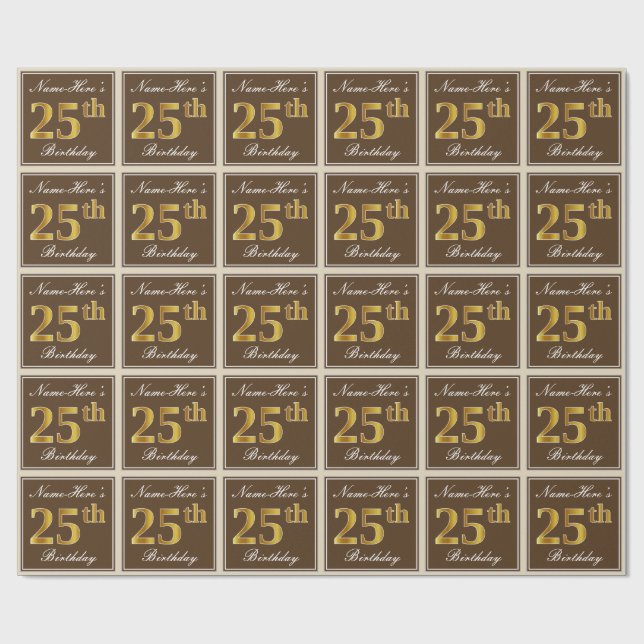 Papel De Regalo Elegante, marrón, falso oro 25 cumpleaños + nombre (Superficie plana)