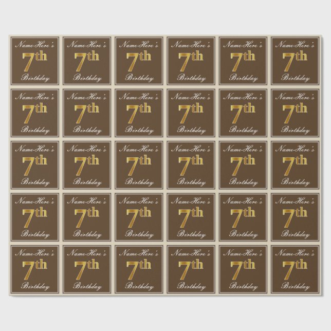 Papel De Regalo Elegante, marrón, falso oro 7 cumpleaños + nombre (Superficie plana)