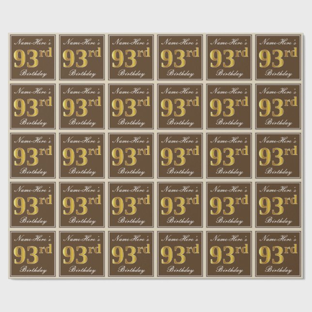 Papel De Regalo Elegante, marrón, falso oro 93 cumpleaños + nombre (Superficie plana)
