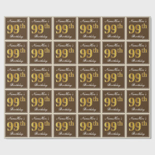Papel De Regalo Elegante, marrón, falso oro 99º cumpleaños + nombr