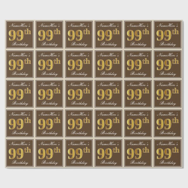 Papel De Regalo Elegante, marrón, falso oro 99º cumpleaños + nombr (Superficie plana)