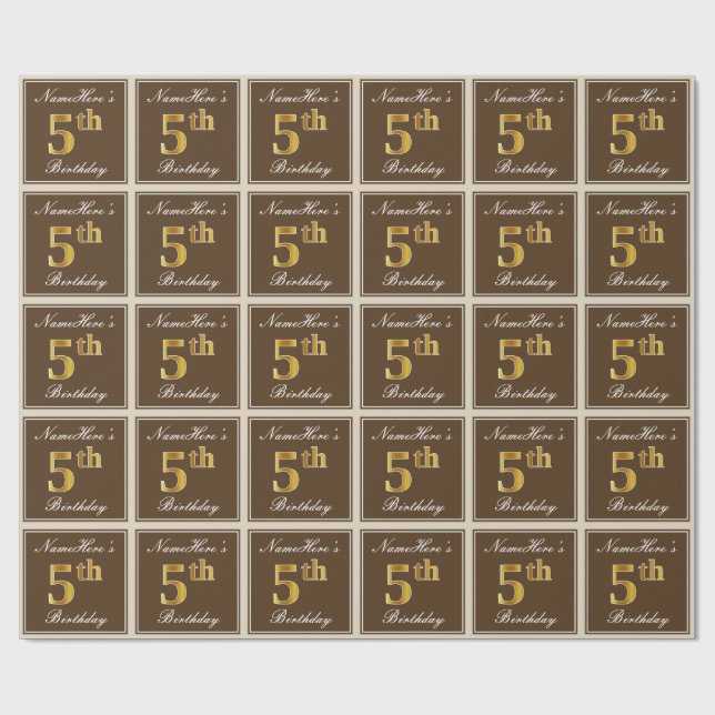Papel De Regalo Elegante, marrón, falso oro quinto cumpleaños + no (Superficie plana)