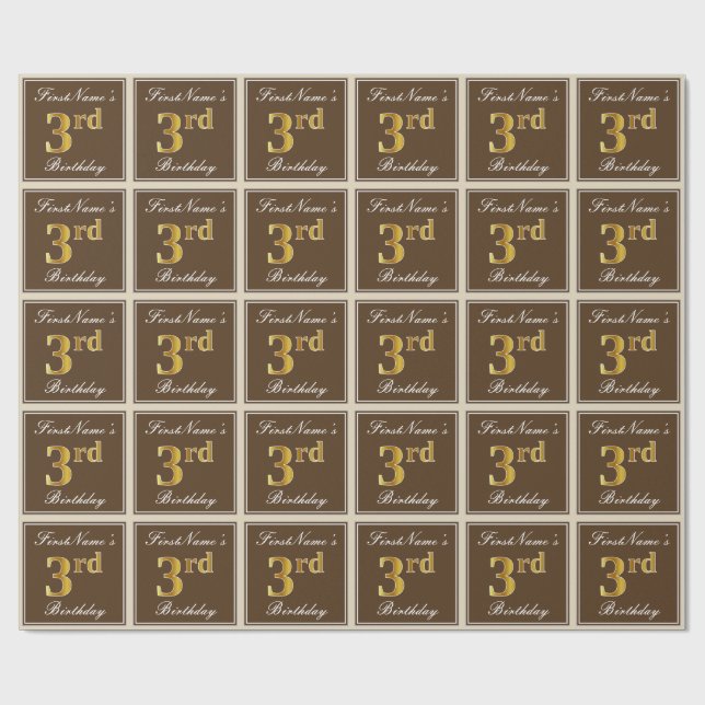 Papel De Regalo Elegante, marrón, falso oro tercer cumpleaños + no (Superficie plana)