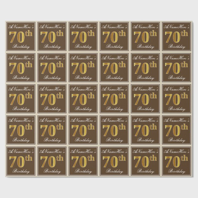 Papel De Regalo Elegante, marrón, oro falso 70 cumpleaños + nombre (Superficie plana)