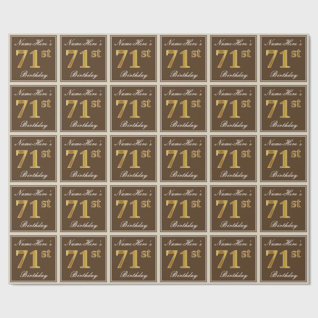 Papel De Regalo Elegante, marrón, oro falso 71 cumpleaños + nombre (Superficie plana)