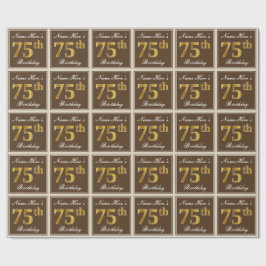 Papel De Regalo Elegante, marrón, oro falso 75 cumpleaños + nombre