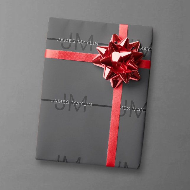 Papel De Regalo Elegante Masculina Nombre Gris Oscuro y Monograma (Subido por el creador)