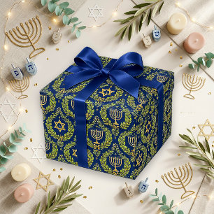 Papel De Regalo Elegante Menorá de Hanukkah Azul Oro